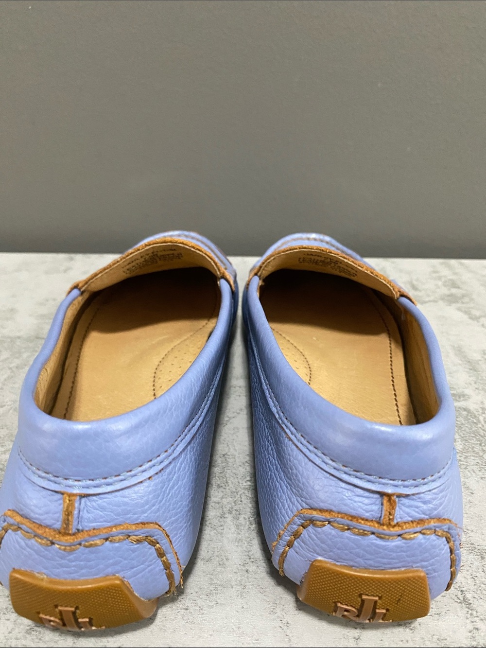 Ralph Lauren Carley Liight Blue Pebbled Leather Loafers with Gold RL Medallion - Picture 10 of 14